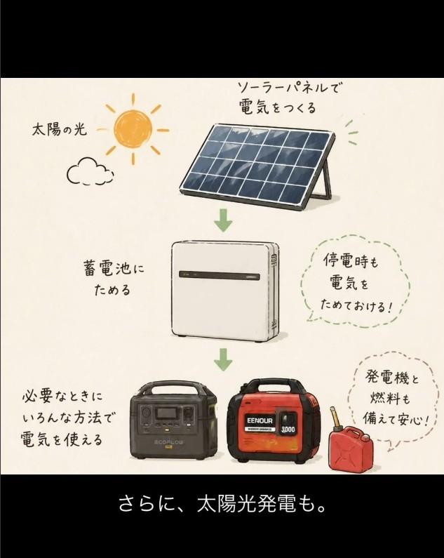 太陽光で発電、夜は蓄電池と発電機を併用（「お米とより｜お米ギフト｜熊本・宇城市の家族農家」さん提供、Instagramよりキャプチャ撮影）