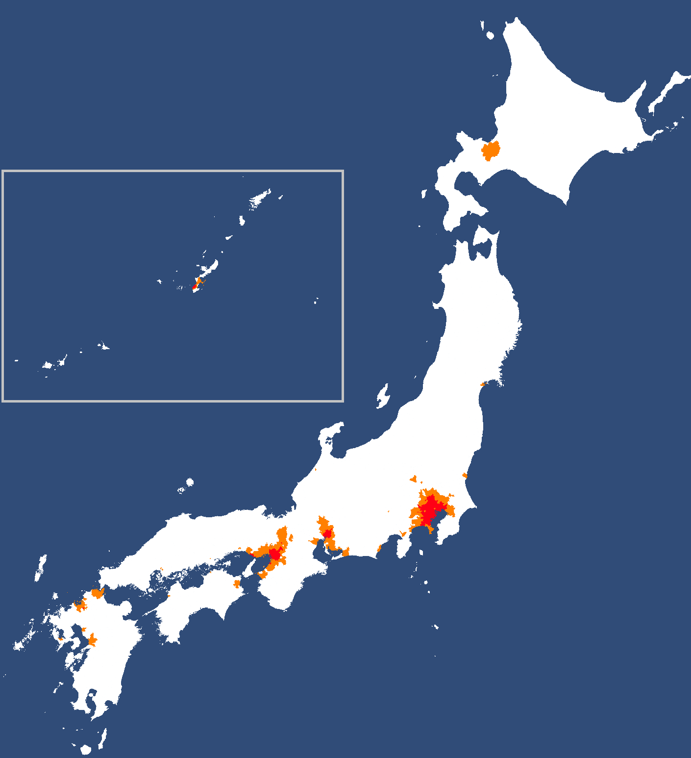 日本の人口の半分が色の塗られた場所に住んでいます 人口密度で色分けされた地図が話題 こんなに偏っていたとは まいどなニュース