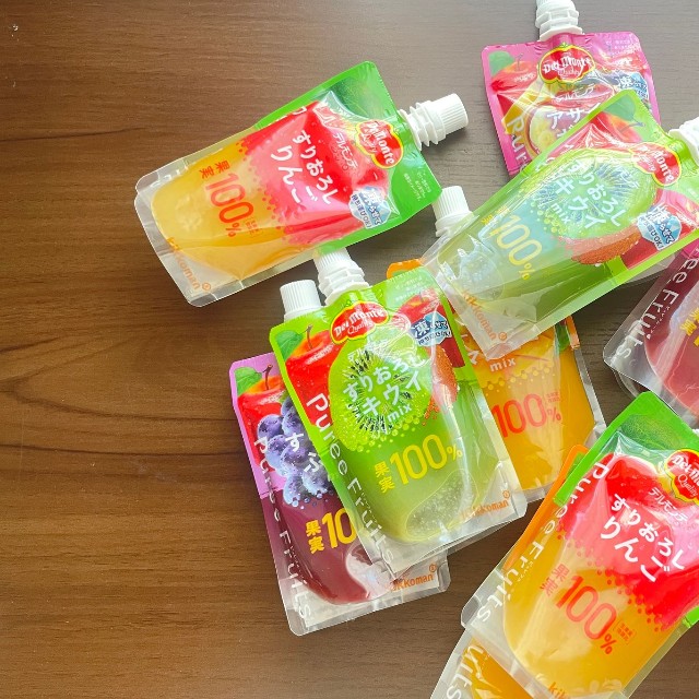すりおろし果実「デルモンテ ピュレフルーツ」シリーズ。果物をすりおろしており、濃厚で果物そのもののおいしさ。※いずれの製品にも「りんご」を含みます