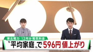 １２月分電気料金　前月から５９６円値上がり　東北電力