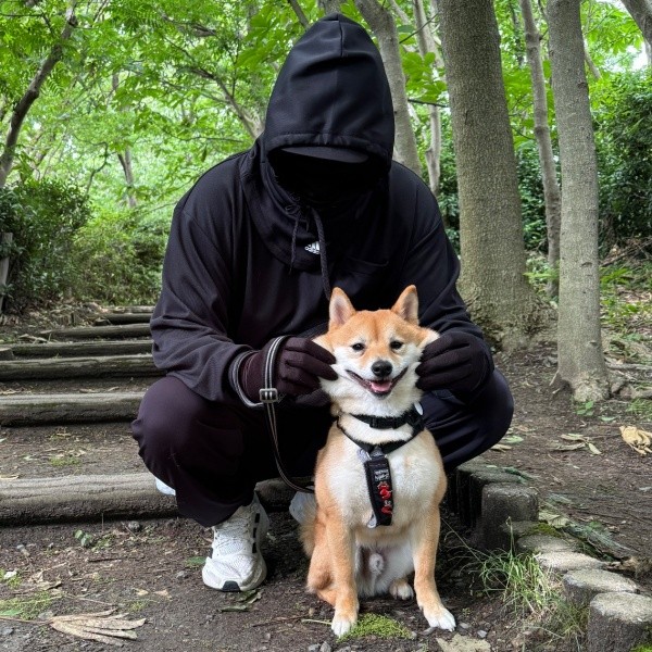 散歩中、飼い主さんにほっぺをムニュッとされるキュートな禄くん（画像提供：柴犬 ろくさん）