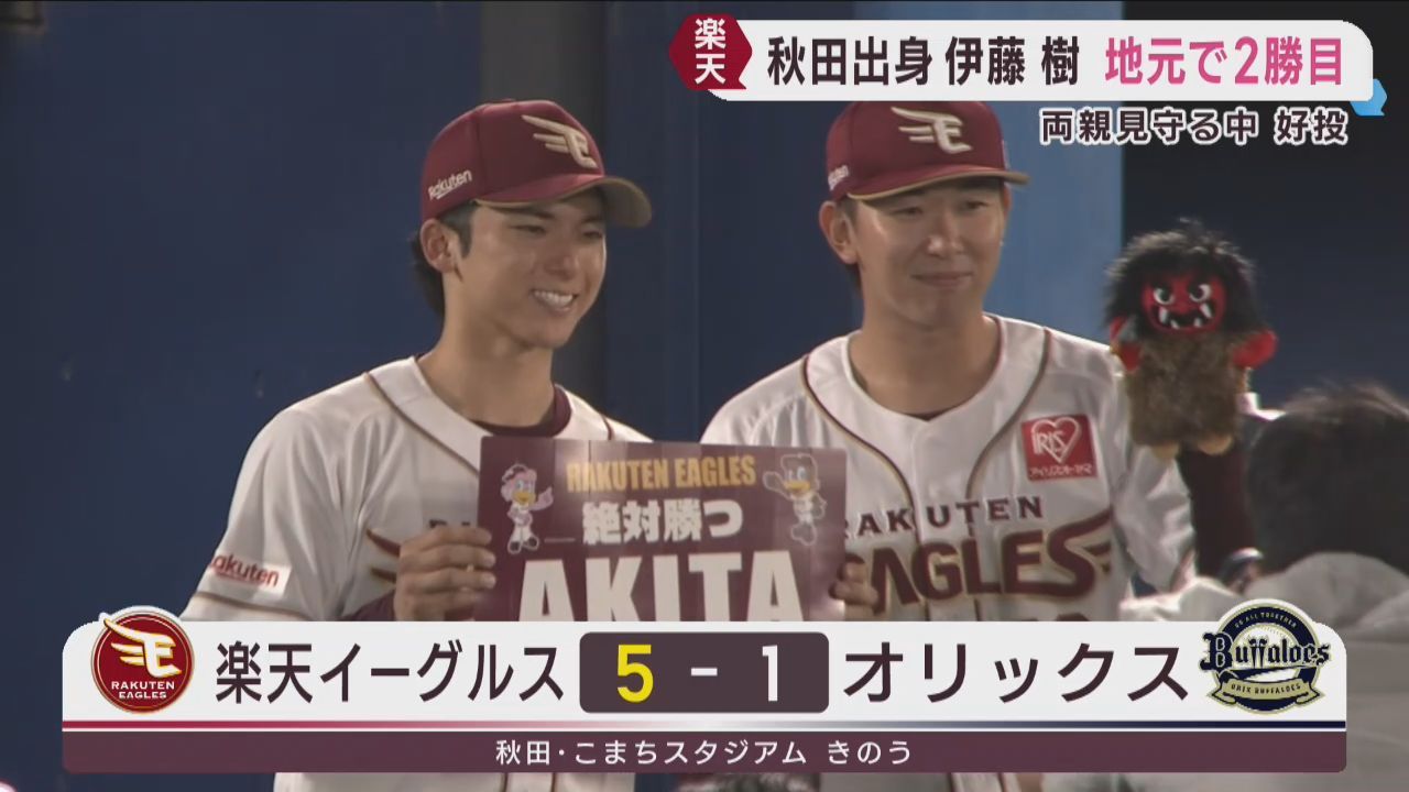 楽天イーグルス　ルーキー伊藤樹が地元の秋田で好投　プロ２勝目を挙げる　１日