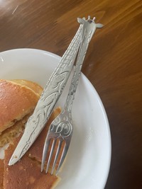 子どもの頃に母に買ってもらったキリンのフォークとワニのナイフ。30年以上使い続けている／嵯峨山さん（@sgym_pht）提供