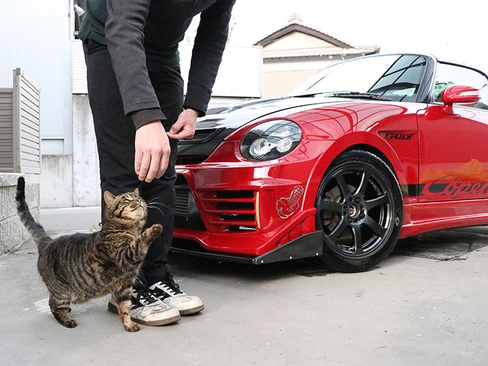 右の車は西村さんが所有。運転はできなくても車は大好きだそう。「週１〜２回、親父に動かしてもらっています。猫好きと車好きは生まれつきです」