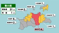香川県の新型コロナ感染状況　14日（「赤」は10人以上、「黄」は1～9人の感染者が確認された市や町）
