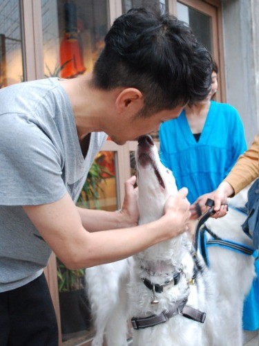 negoのΣKIYM（エキーム）さん。ライブ前に愛犬ベネディクト（ボルゾイ、4歳）とラブラブな様子