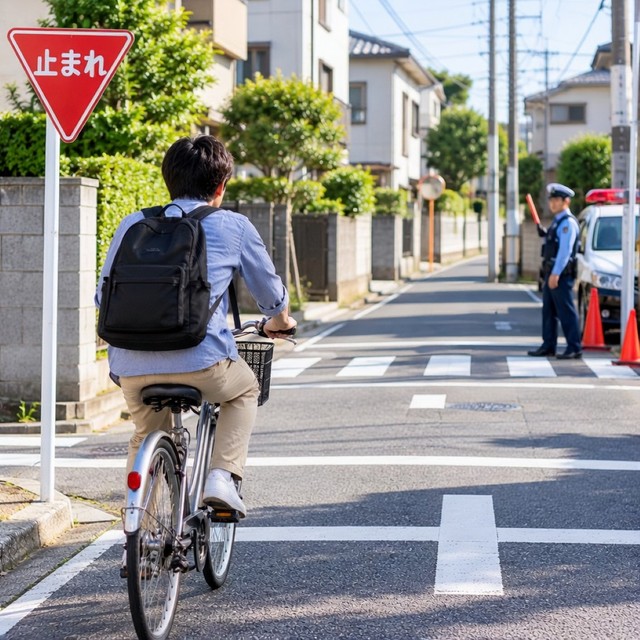 一時停止の標識のある交差点で自転車はどのように対応するべき？　※この画像はAdobe Fireflyで作成したイメージです
