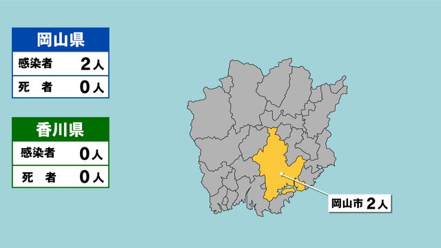 岡山県の新型コロナ感染状況　11月29日（「黄」は1～9人の感染者が確認された市）