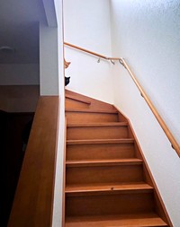 顔をのぞかせる（上）チャボくん、（下）すみちゃん。よく見ると階段には“ある物”が…。（画像提供：サユヤスさん）