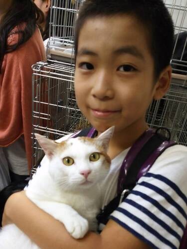 譲渡会で初めてイーグルを抱いた時「やったあ！」（黒尾さん提供）