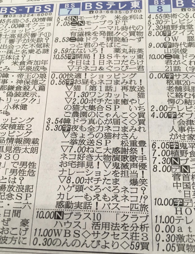 まさに“ネコまみれ”！BSテレ東、2月22日の驚愕の番組表