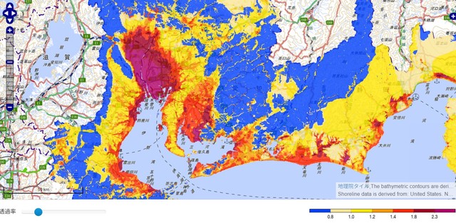 東海地方の揺れやすさは…（国立研究開発法人 防災科学技術研究所作成）
