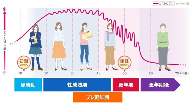 年齢に伴う女性ホルモン（エストロゲン量）の変化と不調（出典：小林製薬「命の母」ブランドサイト）