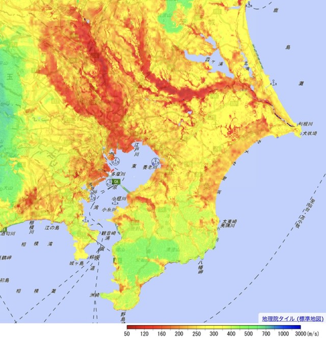 関東地方の揺れやすさを可視化したマップが話題に（国立研究開発法人 防災科学技術研究所作成）