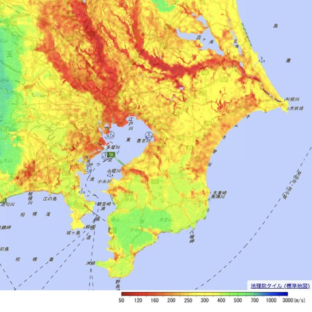 関東地方の揺れやすさを可視化したマップが話題に（国立研究開発法人 防災科学技術研究所作成）