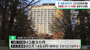 公務員にボーナス支給　宮城県・仙台市共に前年よりも増加
