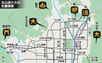 五山送り火の位置関係。最東端の「大文字」から最西端の「鳥居形」まで電車やバスで行くと移動だけで約3時間を要する