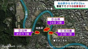 仙台・青葉区霊屋下で熊の目撃情報が相次ぐ　ＪＲ仙台駅から直線距離で２キロ