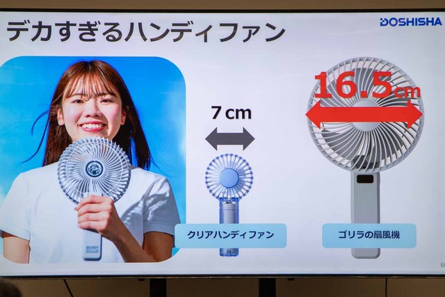 同社の二枚羽根大風量クリアハンディファンと比較してもこのサイズ。