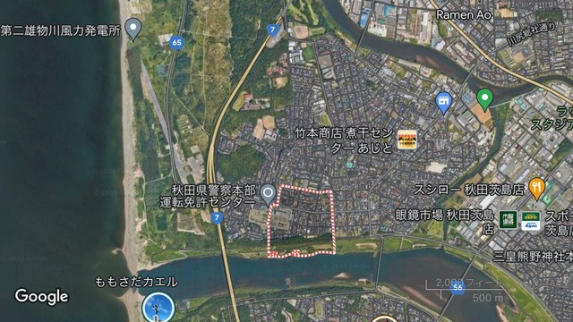 ネイガーが投稿した画像。枠で囲まれているのが秋田市新屋寿町。