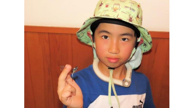 アオビタイトンボを採集　河手優磨さん(小3)　重井薬用植物園提供