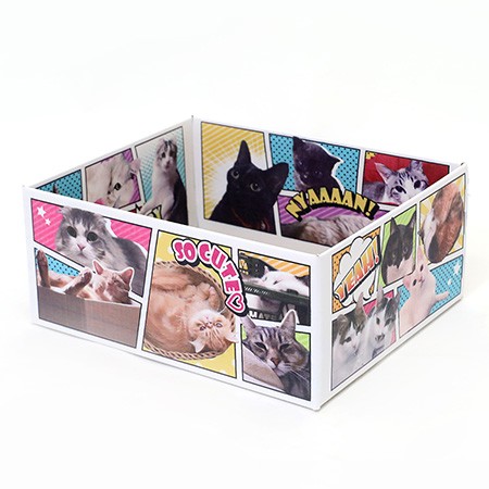 Twitterで募集した猫の写真があしらわれた「猫ギフトボックス 【猫だらけ】」。ダンボールへインクジェット印刷する機械を「日本で初めて導入した」記念に制作された