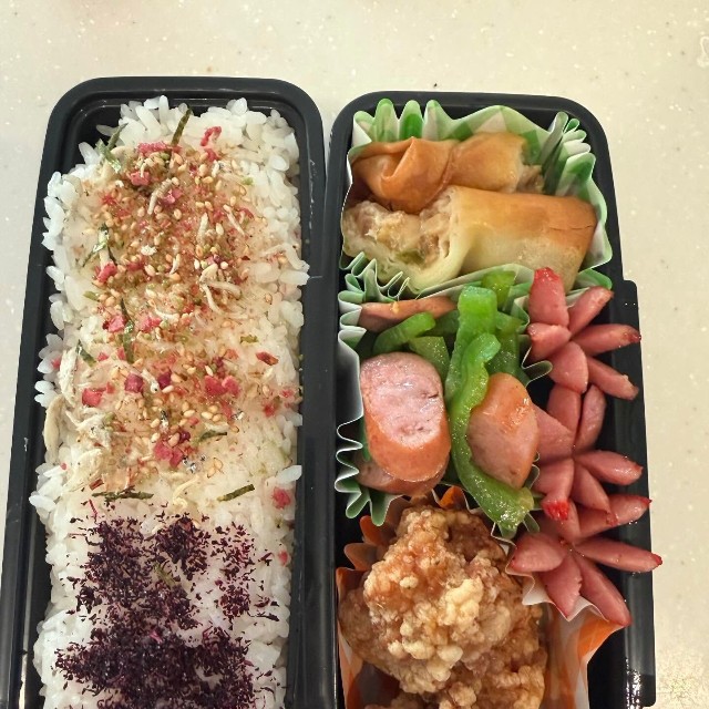 別の日に作ったお弁当。ボリューム感のあるおかずが並ぶ／Jun Junさん（@jun.a22）提供
