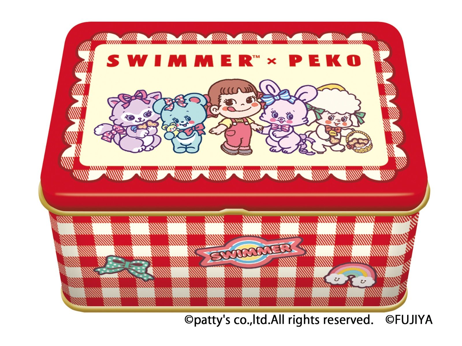 ぺこちゃん★キュービーお出掛け・お祈り★ナショナル坊や★ジャンク品 パケ買い必至！「SWIMMER×ペコちゃん」平成レトロなポーチ＆クッキー缶