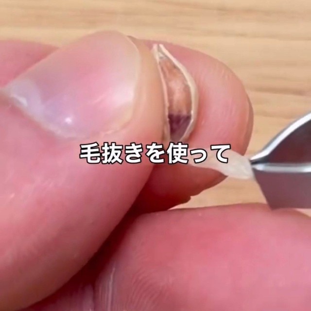 毛抜きを使って皮をキレイに剥く／そらベジさん（@sora_gardenhack）提供