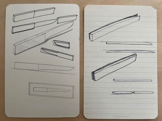 ３５年ぶりに再会したとき、渡辺さんが走り書きしたステーキナイフのスケッチ＝株式会社プレーン提供