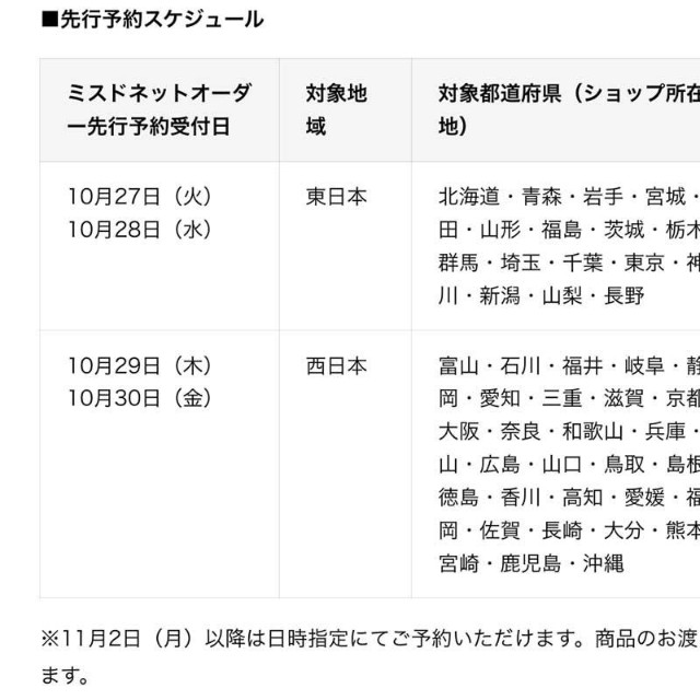 「地域別先行予約」スケジュールの詳細