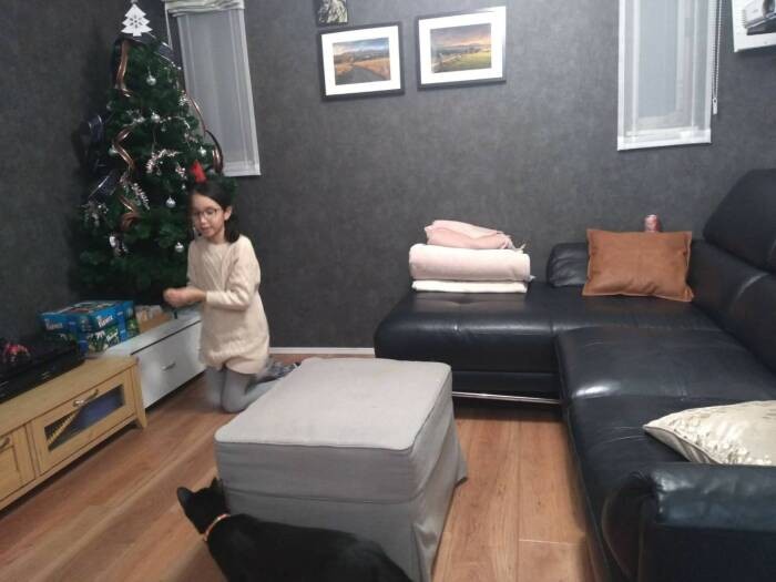 初めてクリスマスツリーと対面した時。こわくて、オットマンの陰から飾りつけを眺めています（Aさん提供）