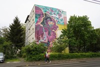 集合住宅の側面に描かれた「空気をきれいにする壁画」=2024年4月25日、ルーマニア北部バカウ、荒ちひろ撮影