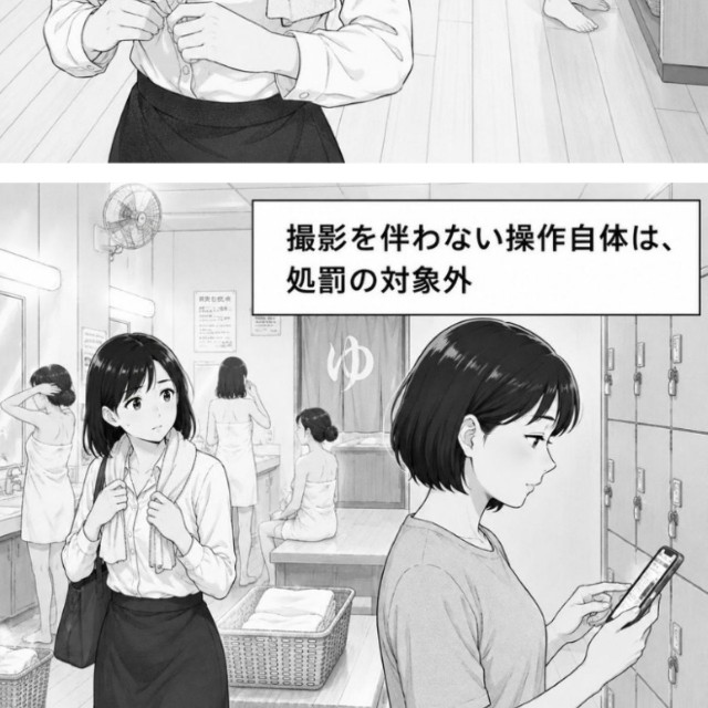 銭湯の更衣室でスマホ操作ってあり？①　※この画像はAIで作成した、イメージ画像です