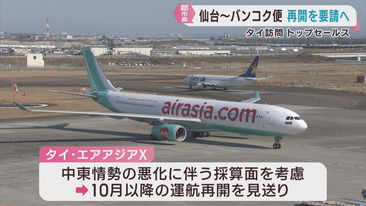 仙台−バンコク便　中東情勢で１０月以降運航見送り　郡仙台市長が再開要請へ