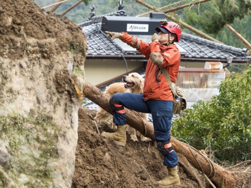 大分県中津市耶馬渓町の災害現場で。