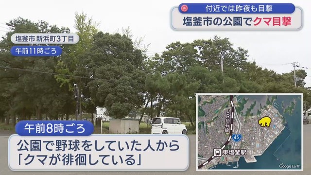 宮城・塩釜市の公園でクマ目撃　前夜も付近で目撃　市内のクマ目撃は初めて