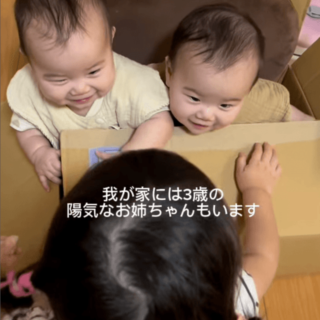 ダンボール箱で遊ぶ双子ちゃんと3歳のお姉ちゃん（提供：@muu._3sistersさん）

