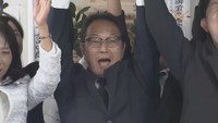 玉野市長選で再選した柴田義朗さん　柴田さんの選挙事務所　玉野市宇野　20日