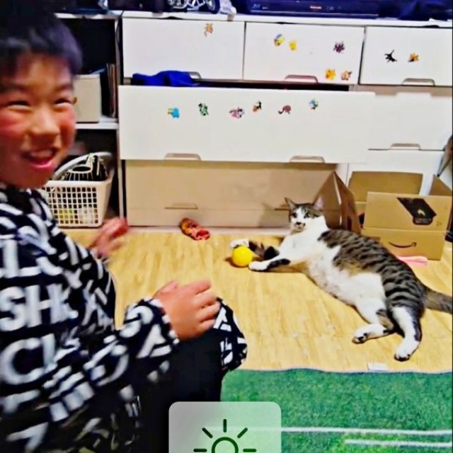 ついにボールをキャッチしたたいちょうくん（画像提供：井上 えりさん）