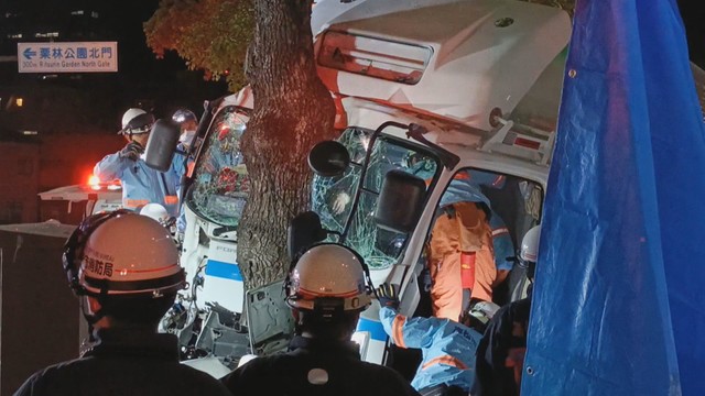 国道11号で大型トラックが街路樹に衝突し大破　男性運転手が病院搬送　高松市栗林公園近く