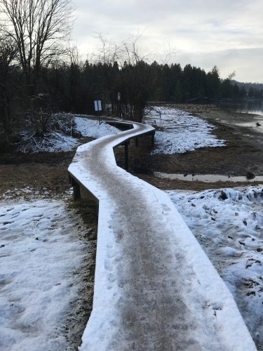 オレオが落っこちたポートムーディ市のボードウォーク。先日、初雪が降ったばかり