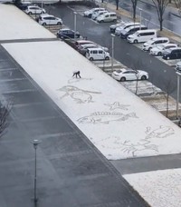 足跡が付かないように描いた絵の線沿いに歩いていきます。