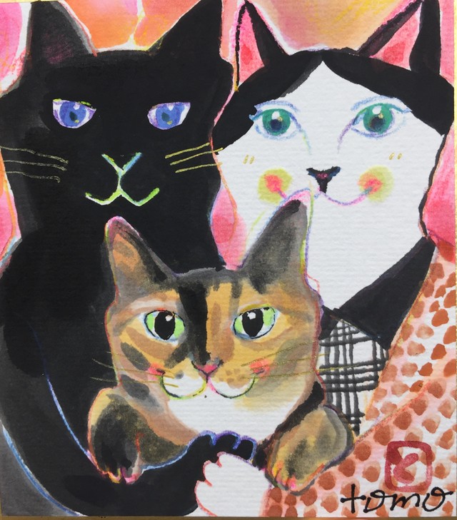 ネコに変身イラストのサンプル。仲のいいご夫婦と愛猫。これまでの作品より（キムラさん提供）