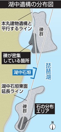 坂本城の湖中遺構の分布図
