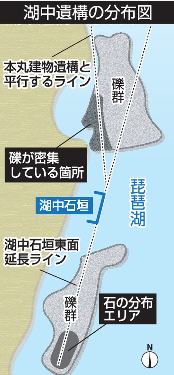 坂本城の湖中遺構の分布図
