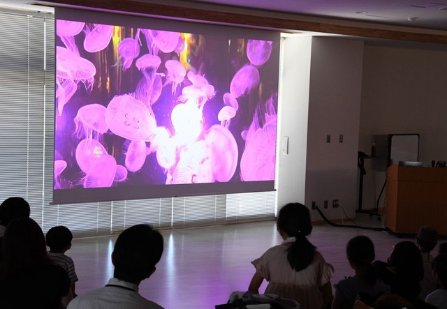 水族館の映像にくぎ付けになる子どもたち＝岡山大