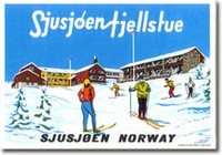 スキーヤーのイラストが時代を感じさせるノルウェーのSJUSJOEN FJELLSTUE（the world of hotel labelのサイトより）