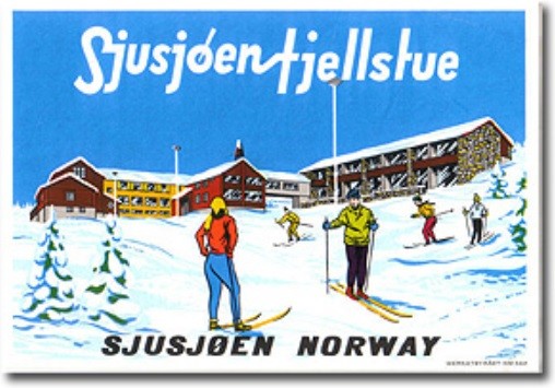 スキーヤーのイラストが時代を感じさせるノルウェーのSJUSJOEN FJELLSTUE（the world of hotel labelのサイトより）
