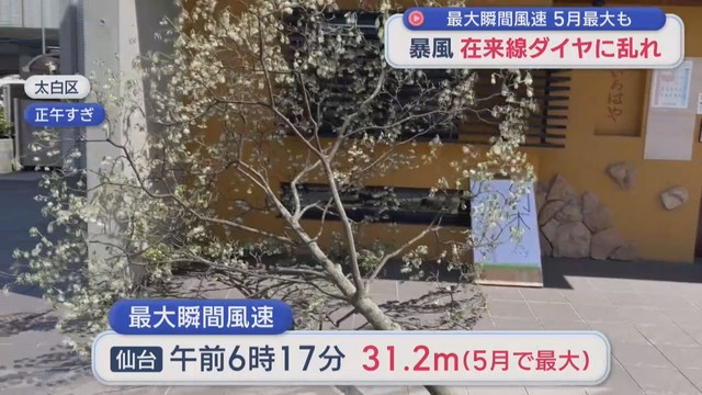 暴風吹き荒れ　ＪＲ在来線ダイヤに乱れ　仙台で５月観測史上最大の瞬間最大風速も観測